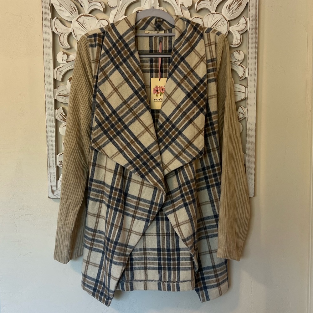NWT Entro Plaid Flannel and Corduroy Sleeved Draped Front Jacket with Belt